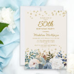 Dusty Blue White Floral Gold 50th Birthday Invitation<br><div class="desc">Elegant dusty blue and white roses,  floral,  and greenery women's 50th birthday party invitation with gold glitter. This invitation is printed on both sides. Contact me for assistance with your customizations or to request additional matching or coordinating Zazzle products for your party.</div>