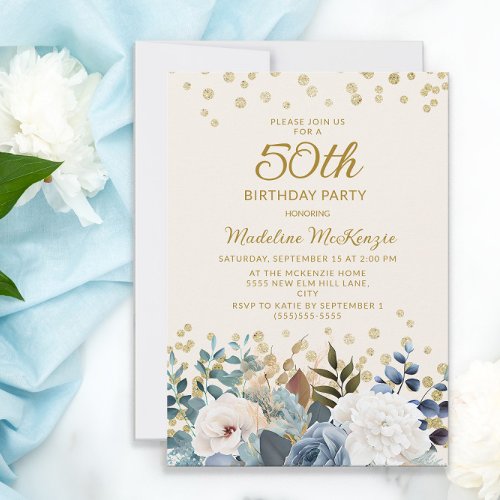 Dusty Blue White Floral Gold 50th Birthday Invitation