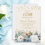 Dusty Blue White Floral Gold 60th Birthday Invitation<br><div class="desc">Elegant dusty blue and white roses,  floral,  and greenery women's 60th birthday party invitation with gold glitter. This invitation is printed on both sides. Contact me for assistance with your customizations or to request additional matching or coordinating Zazzle products for your party.</div>