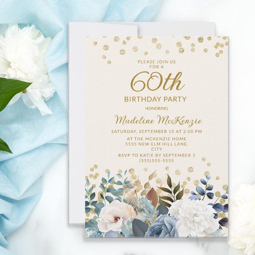 Dusty Blue White Floral Gold 60th Birthday Invitation