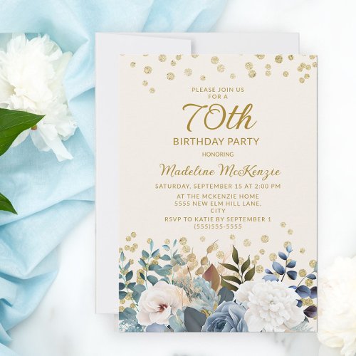 Dusty Blue White Floral Gold 70th Birthday Invitation