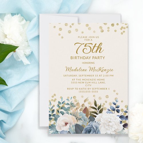 Dusty Blue White Floral Gold 75th Birthday Invitation
