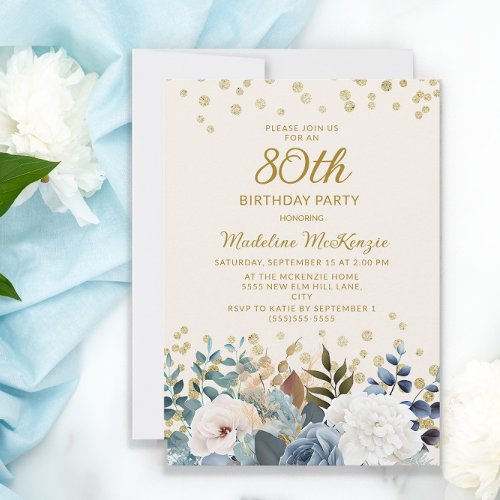 Dusty Blue White Floral Gold 80th Birthday Invitation