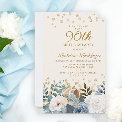 Dusty Blue White Floral Gold 90th Birthday Invitation