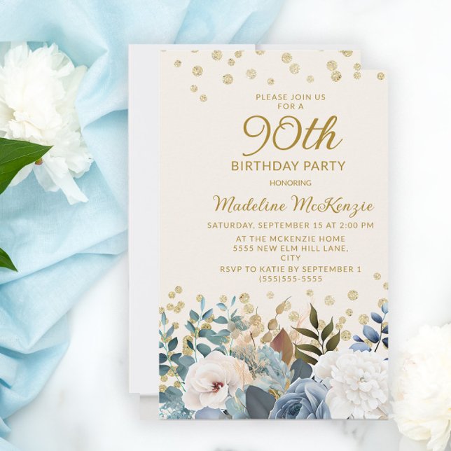 Dusty Blue White Floral Gold 90th Birthday Invitation (Creator Uploaded)