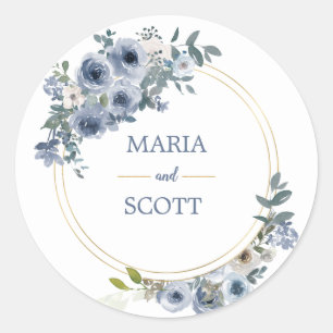 Dusty Blue White Floral Gold Foil Wedding Sticker