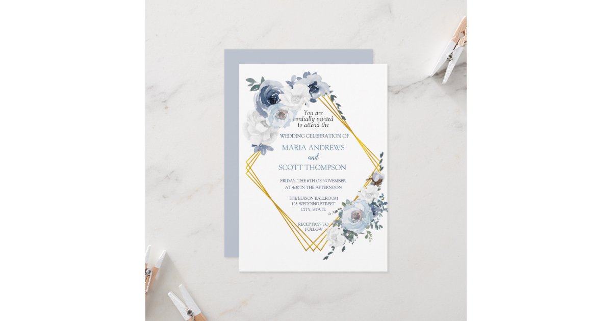 Dusty Blue White Floral Gold Frame Wedding Invitation | Zazzle