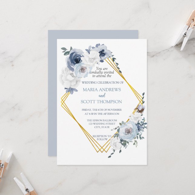 Dusty Blue White Floral Gold Frame Wedding  Invitation (Front/Back In Situ)