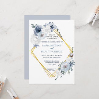 Dusty Blue White Floral Gold Frame Wedding Invitation