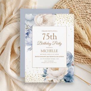 Dusty Blue White Floral Gold Glitter 75th Birthday Invitation
