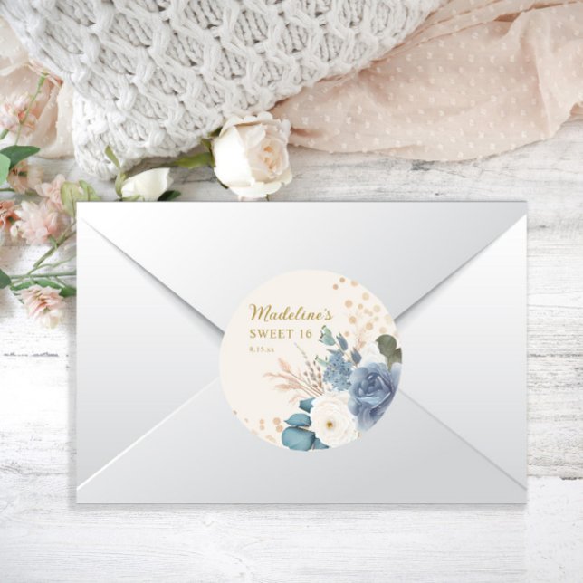 Dusty Blue White Floral Gold Glitter Sweet 16  Classic Round Sticker (Creator Uploaded)