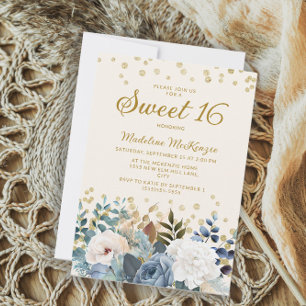 Dusty Blue White Floral Gold Glitter Sweet 16 Invitation