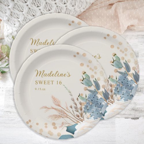 Dusty Blue White Floral Gold Glitter Sweet 16   Paper Plates