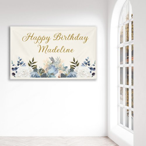 Dusty Blue White Floral Gold Happy Birthday Name Banner