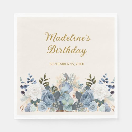 Dusty Blue White Floral Gold Happy Birthday Name  Napkins