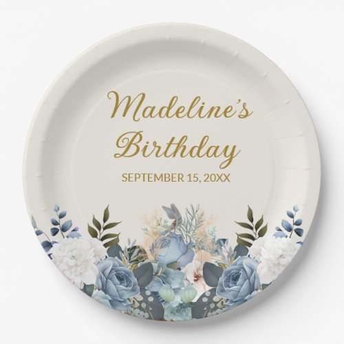Dusty Blue White Floral Gold Happy Birthday Name  Paper Plates