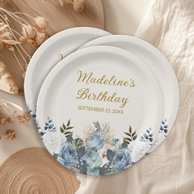 Dusty Blue White Floral Gold Happy Birthday Name  Paper Plates (Dusty blue watercolor floral women's birthday party paper plates)