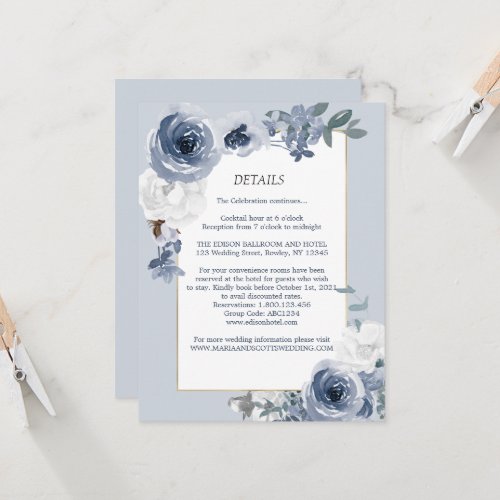 Dusty Blue White Floral Gold Wedding Details Card