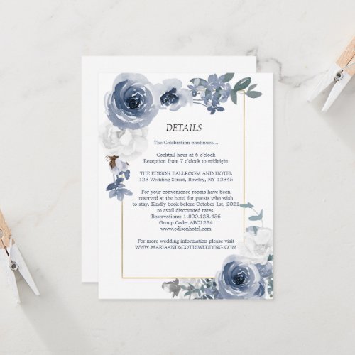 Dusty Blue White Floral Gold Wedding Details Invitation