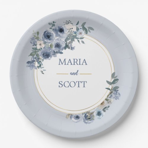 Dusty Blue White Floral Gold Wedding  Paper Plates