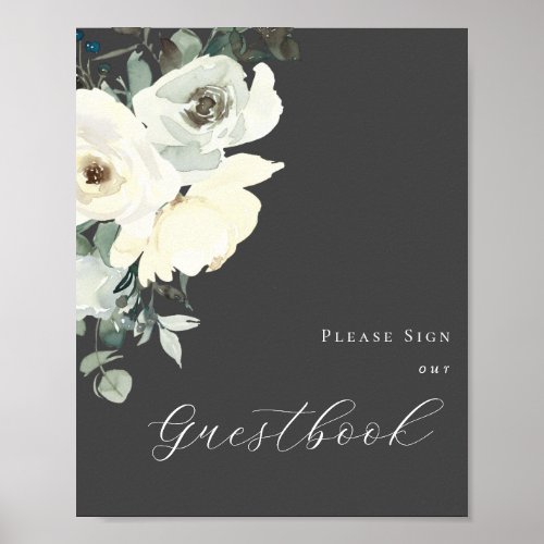 Dusty Blue  White Floral_ Gray Guestbook Sign