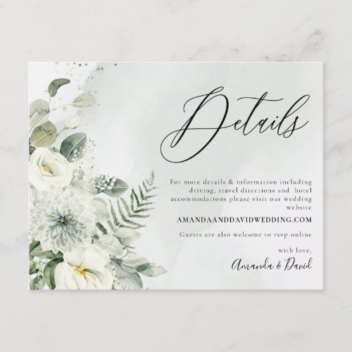 Dusty Blue  White Floral Greenery Foliage Details Enclosure Card