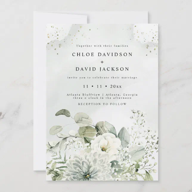 Dusty Blue & White Floral Greenery Rustic Wedding Invitation | Zazzle