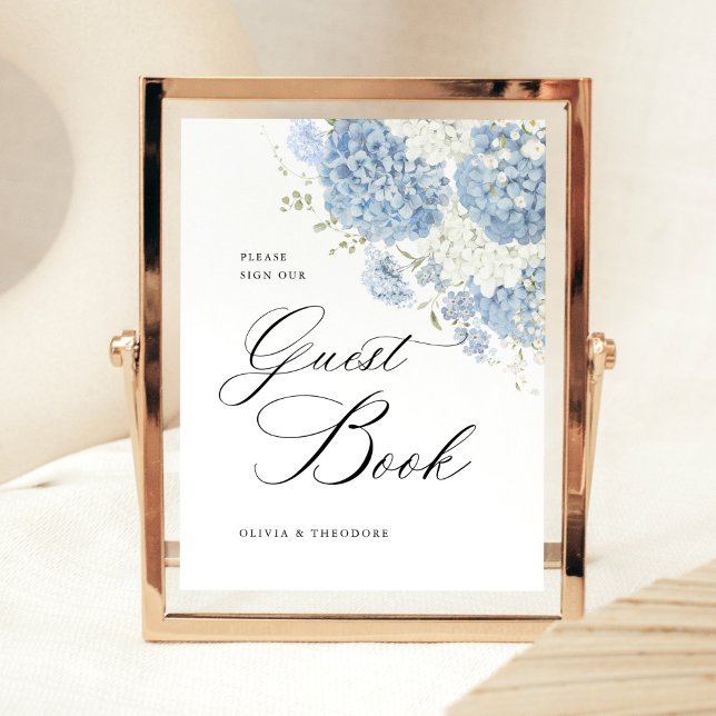 Dusty Blue White Floral Guest Book Wedding Table Pedestal Sign (Dusty blue white hydrangea wedding guest book sign, watercolor floral calligraphy Gold frame display)