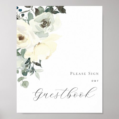 Dusty Blue  White Floral Guestbook Sign Poster