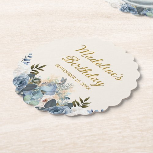Dusty Blue White Floral Happy Birthday Name  Paper Coaster