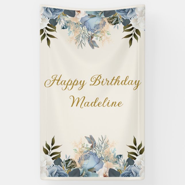 Dusty Blue White Floral Happy Birthday Vertical Banner (Vertical)