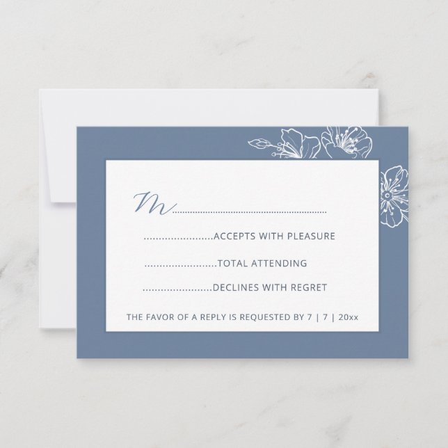  Dusty Blue White Floral Line Art RSVP (Front)