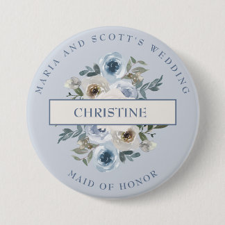 Dusty Blue White Floral Maid of Honor Button