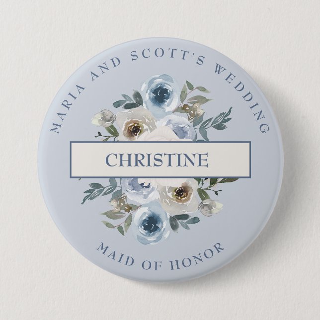 Dusty Blue White Floral Maid of Honor Button (Front)