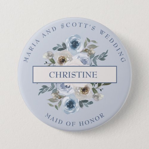 Dusty Blue White Floral Maid of Honor Button