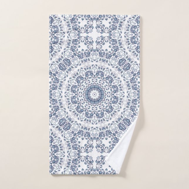 Dusty Blue White Floral Mandala Hand Towel (Hand Towel)