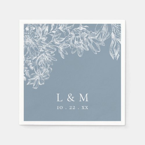 Dusty Blue White Floral Monogram Wedding Napkins