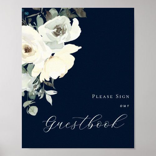 Dusty Blue  White Floral_ Navy Guestbook Sign