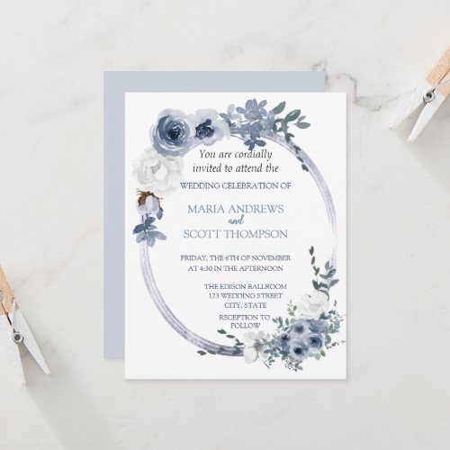Dusty Blue White Floral Oval Botanical Wedding  In Invitation