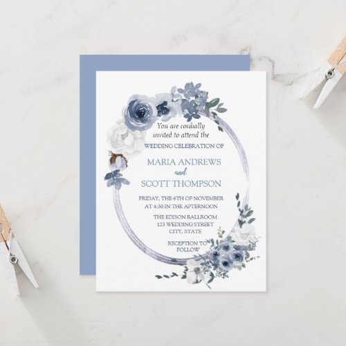 Dusty Blue White Floral Oval Frame Wedding Invitation