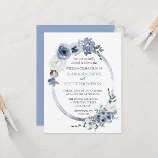Dusty Blue White Floral Oval Frame Wedding Invitation