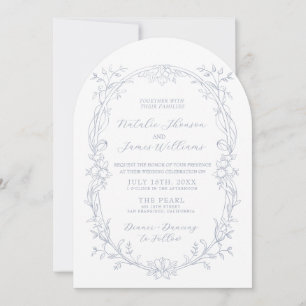 Dusty Blue White Floral Photo Arched Boho Wedding Invitation