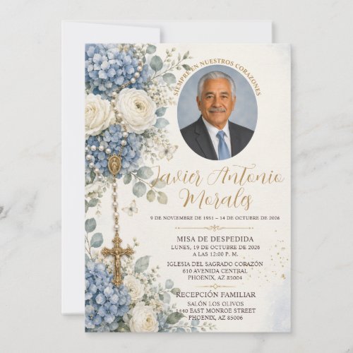 Dusty Blue White Floral Photo Catholic Funeral Invitation
