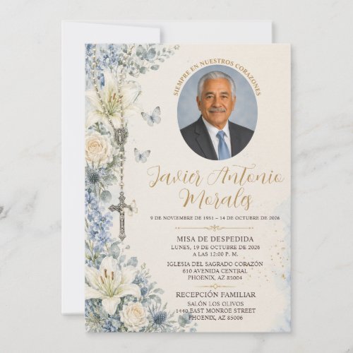 Dusty Blue White Floral Photo Catholic Funeral Invitation
