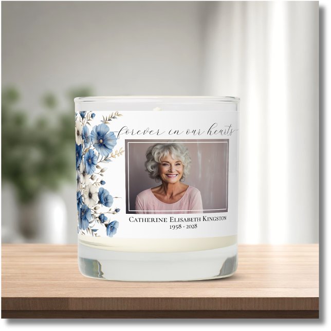 Dusty Blue White Floral Photo Memorial Funeral  Scented Candle (Creator Uploaded)