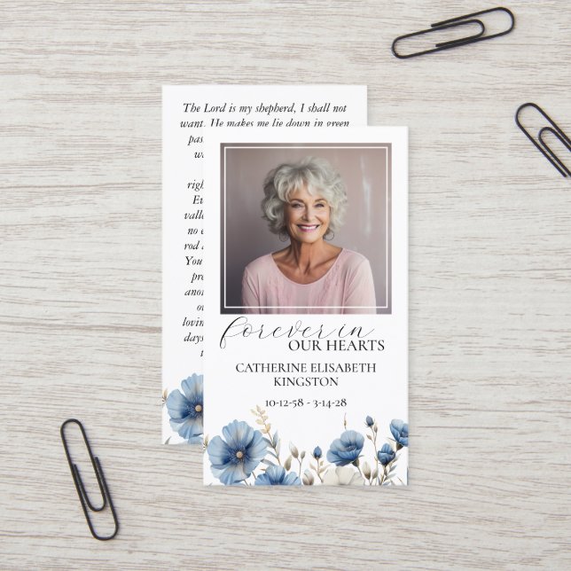 Dusty Blue White Floral Photo Memorial Prayer Card (Front/Back In Situ)
