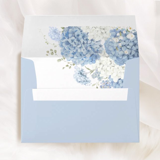 Dusty Blue White Floral Printed Wedding Envelopes (Dusty blue wedding envelope with watercolor hydrangea liner, blue & white floral wedding stationery)