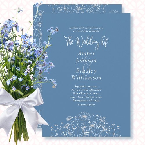 Dusty Blue White Floral QR Code Elegant Wedding Invitation