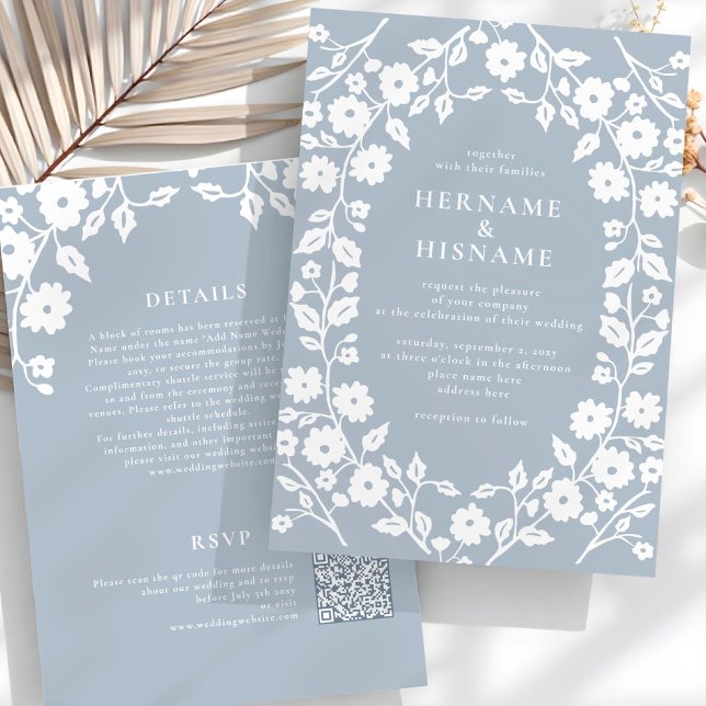 Dusty Blue White Floral QR RSVP All-In-One Wedding Invitation (Creator Uploaded)