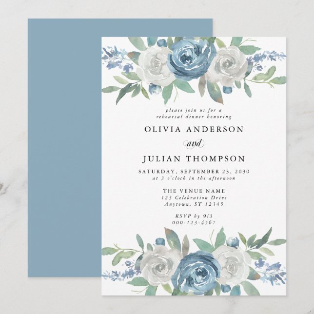 Dusty Blue & White Floral Rehearsal Dinner Invitation (Front/Back)
